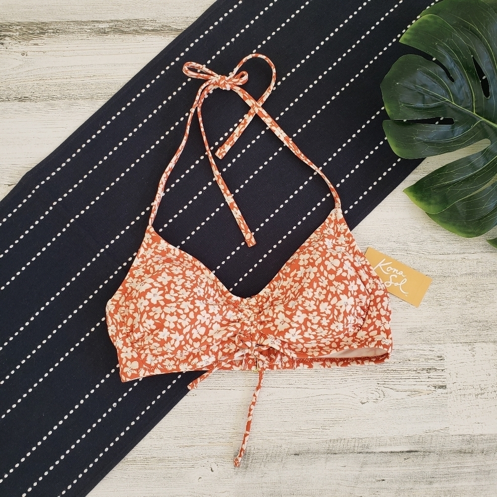 Kona Sol Floral Halter Bikini Top Rust NWT Size Small
